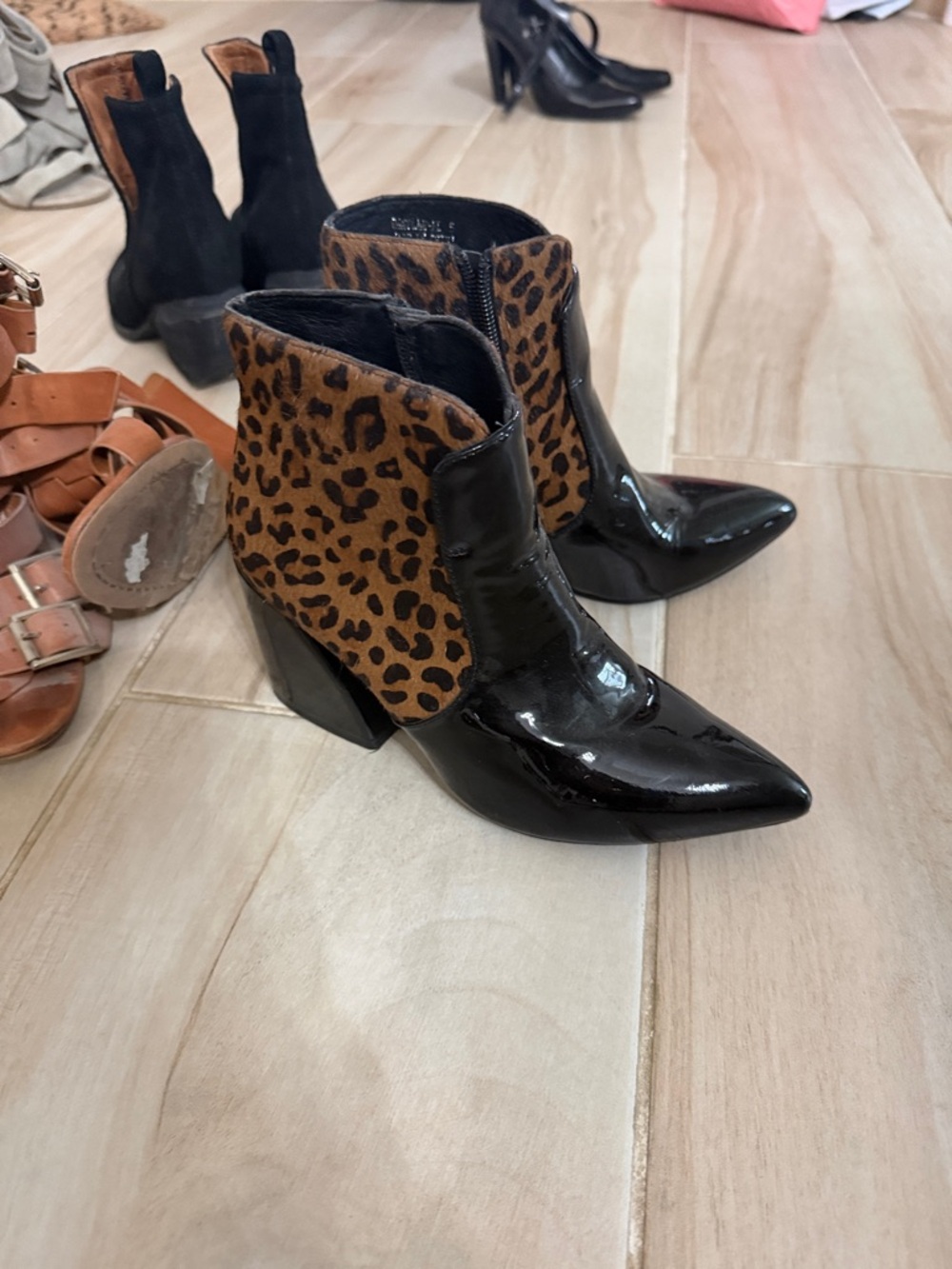Jeffrey Campbell Leopard-Print and Black Patent Ankle Boots